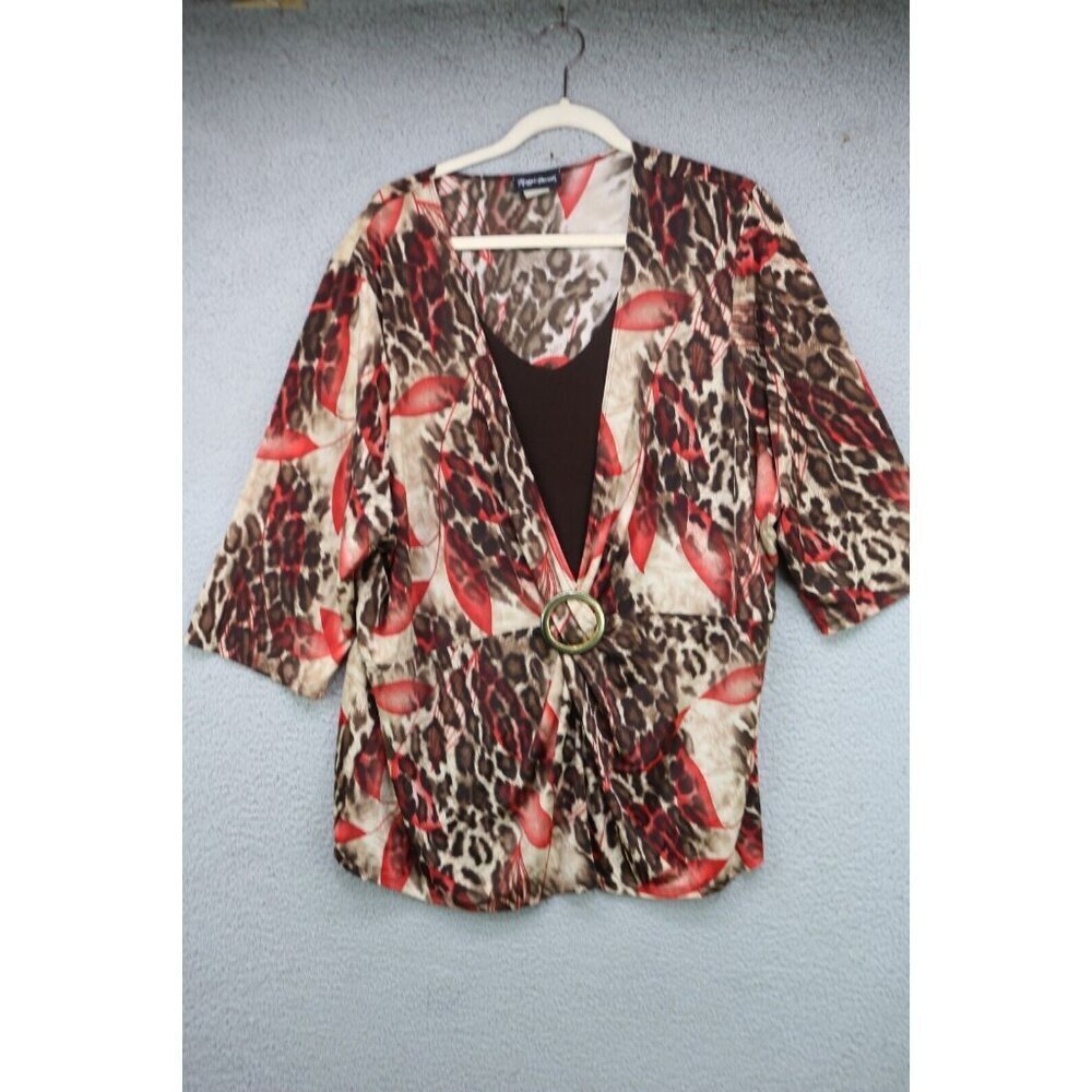 Maggie Barnes 3/4 Sleeve Silky Top-Size 2X-Animal Print